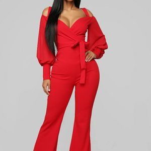 Red cold shoulder jumpsuit xs